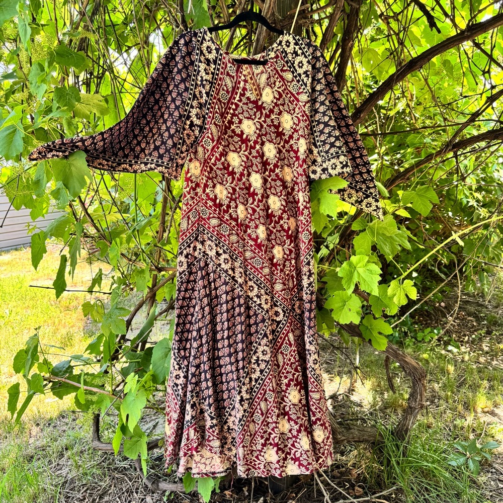 Vintage 70’s Indian cotton maxi dress with angel sleeves. Boho. Block print.